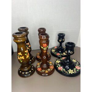 Hand Turned and Hand Painted Wood Taper Candlestick Holders
